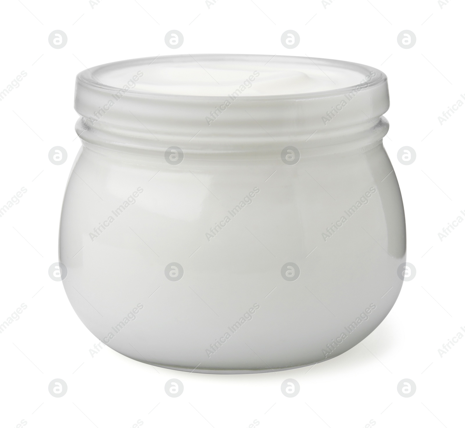 Photo of Delicious natural yogurt in glass jar isolated on white