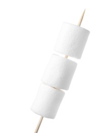 Photo of Stick with delicious puffy marshmallows isolated on white