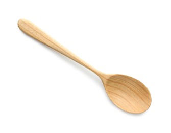 Photo of One empty wooden spoon isolated on white, top view