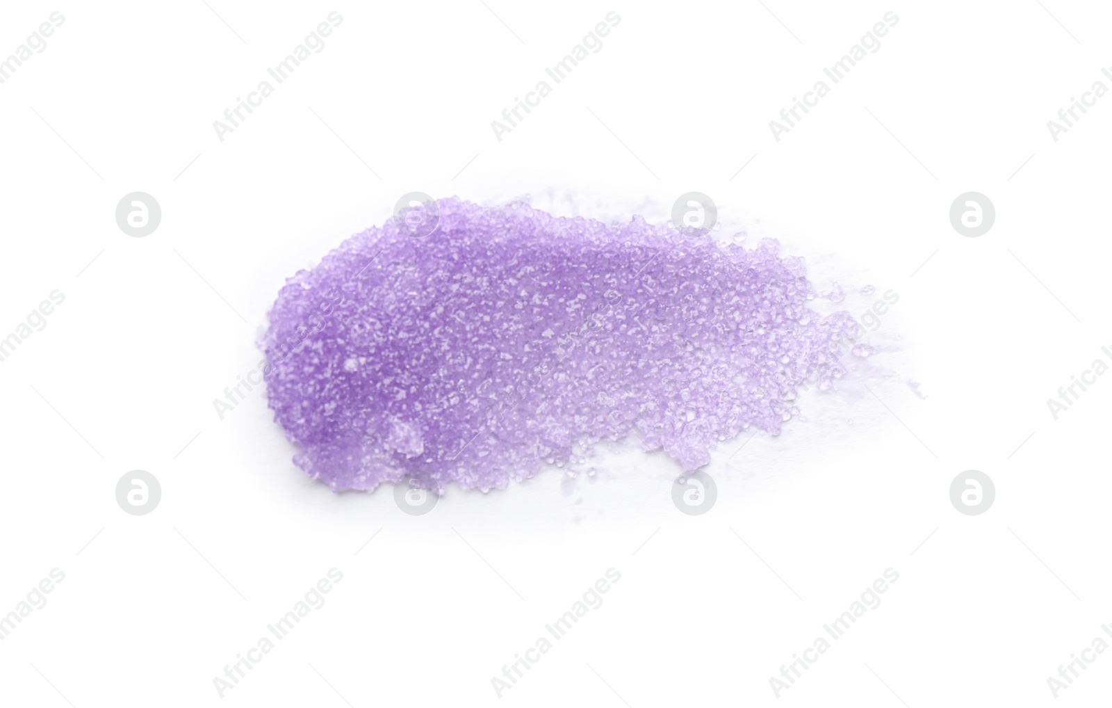 Photo of Smear of violet body scrub isolated on white, top view