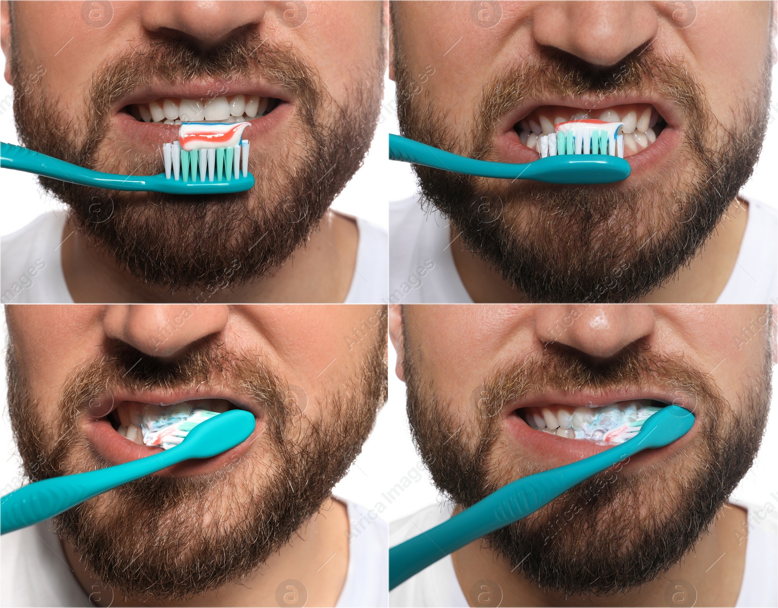 Image of Collage with photos of man brushing teeth on white background, closeup. Dental care, step by step instructions