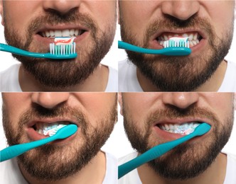 Image of Collage with photos of man brushing teeth on white background, closeup. Dental care, step by step instructions