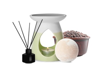 Image of Beautiful composition with aroma lamp, reed diffuser and bowl of salt on white background. Spa therapy