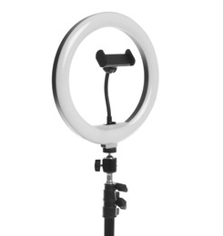 Modern tripod with ring light isolated on white