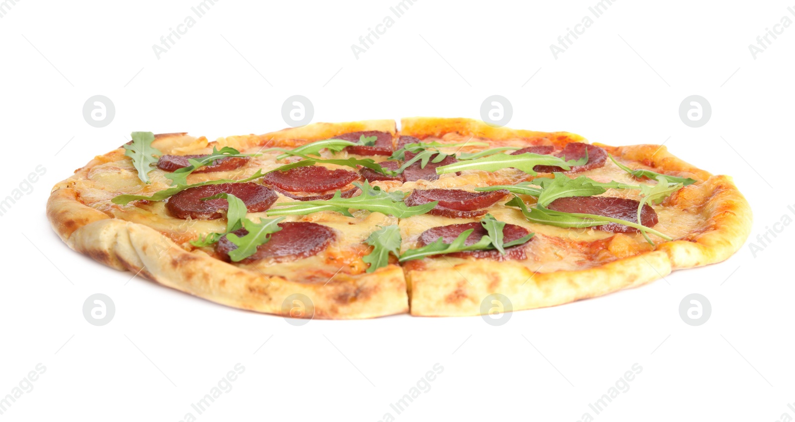 Photo of Tasty pepperoni pizza with arugula isolated on white