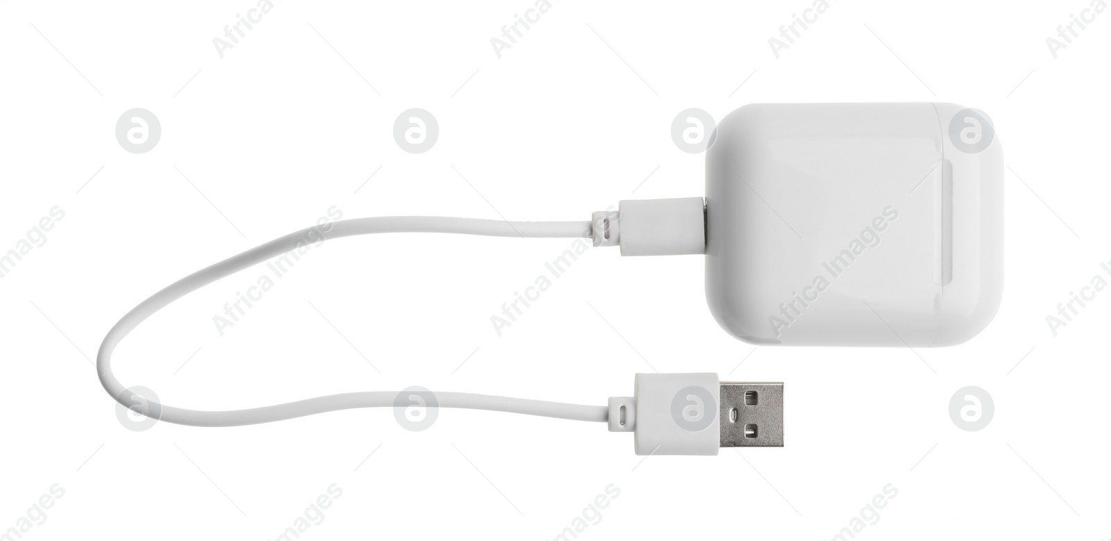 Photo of USB charge cable and wireless earphone case on white background. Modern technology