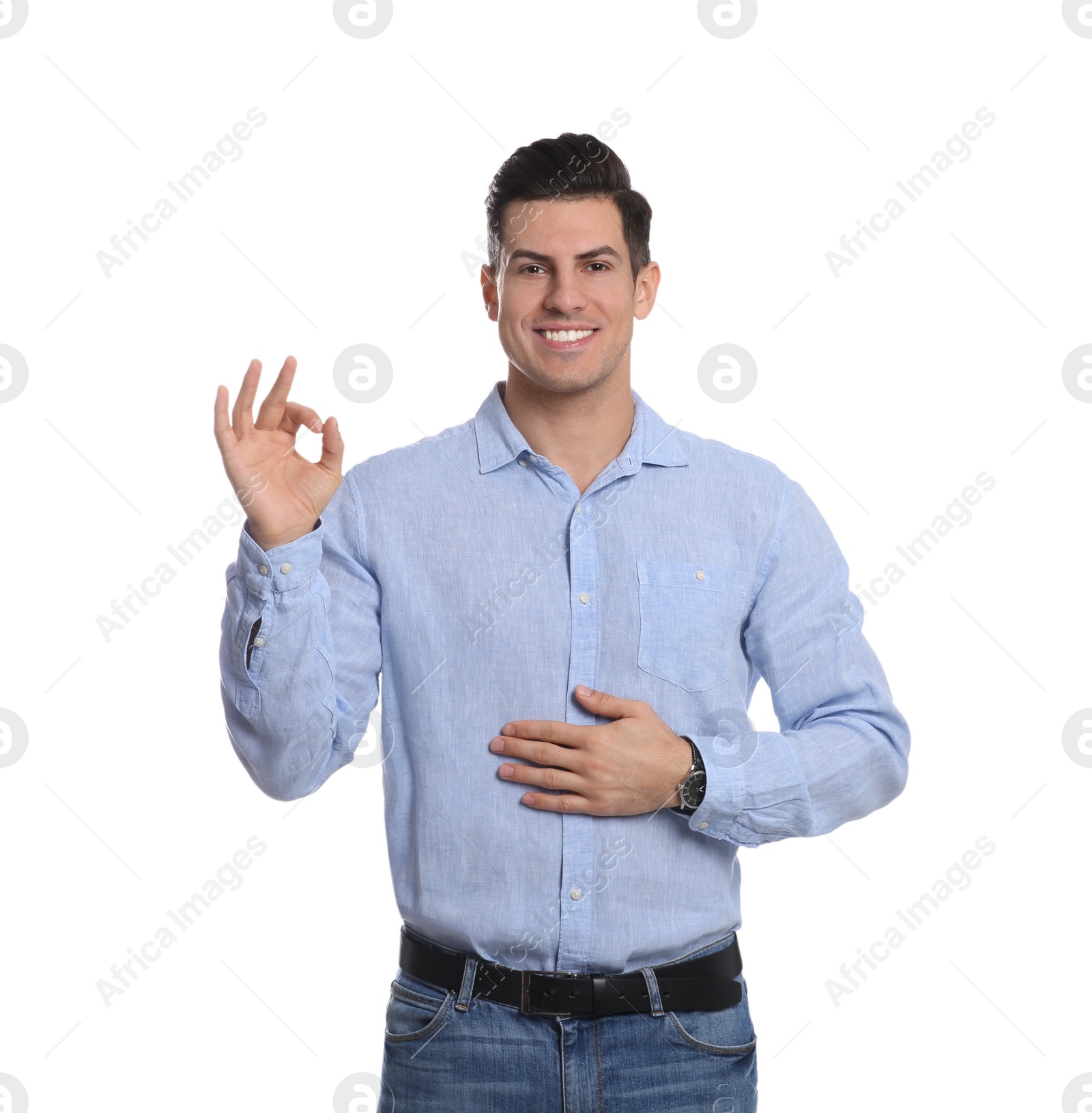 Photo of Happy healthy man touching his belly on white background