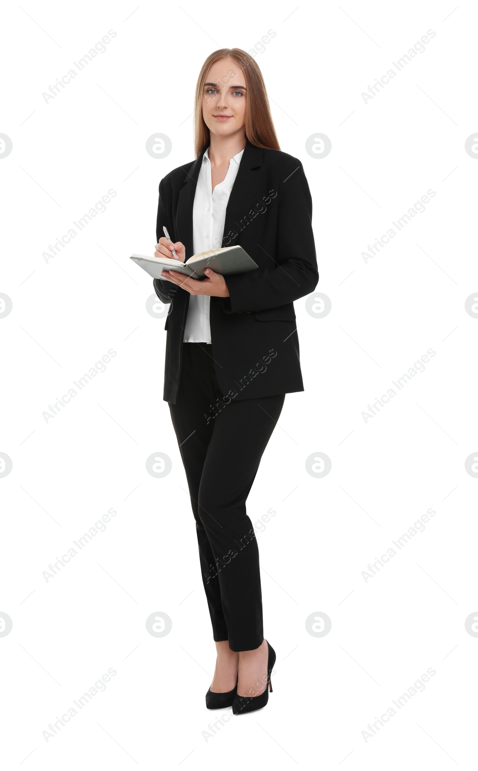 Photo of Young secretary with notebook and pen on white background