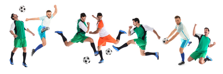 Collage with photos of young men playing football on white background. Banner design