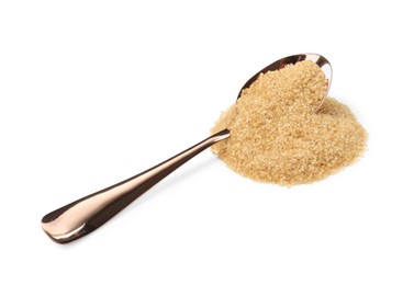 Photo of Pile of brown sugar and spoon isolated on white