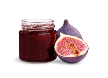 Glass jar of tasty sweet fig jam isolated on white