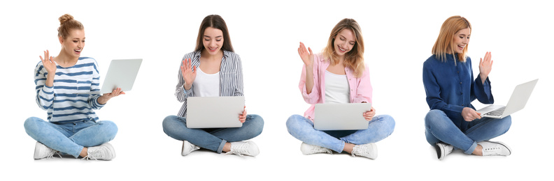 Image of Collage of women with laptops on white background. Banner design