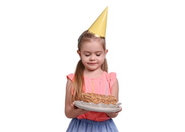 Birthday celebration. Cute little girl in party hat holding tasty cake on white background