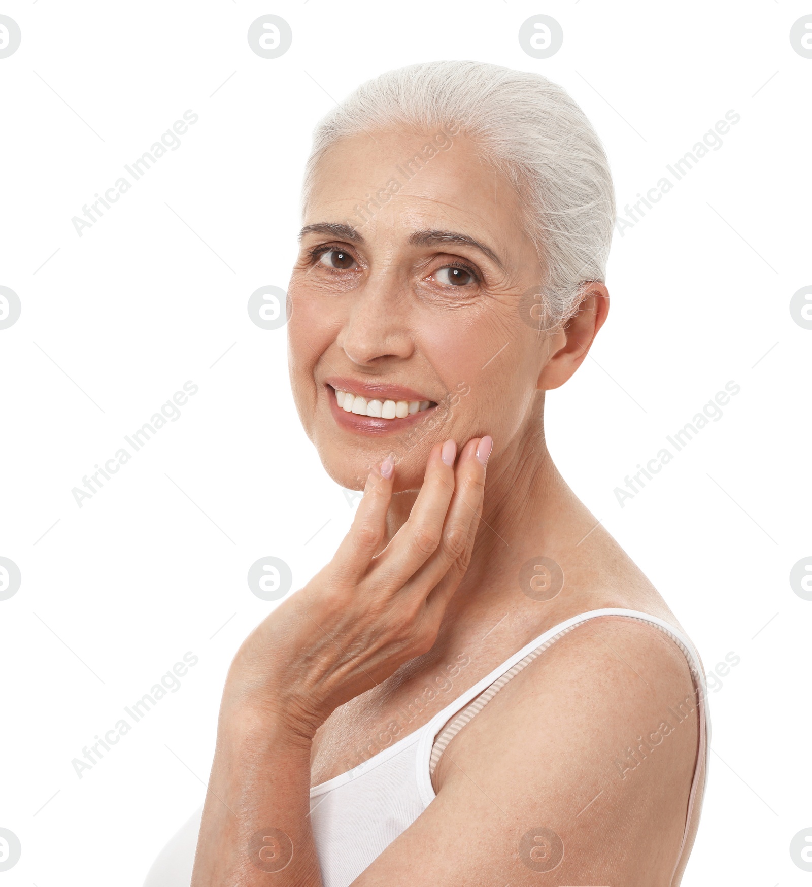 Photo of Portrait of beautiful mature woman on white background