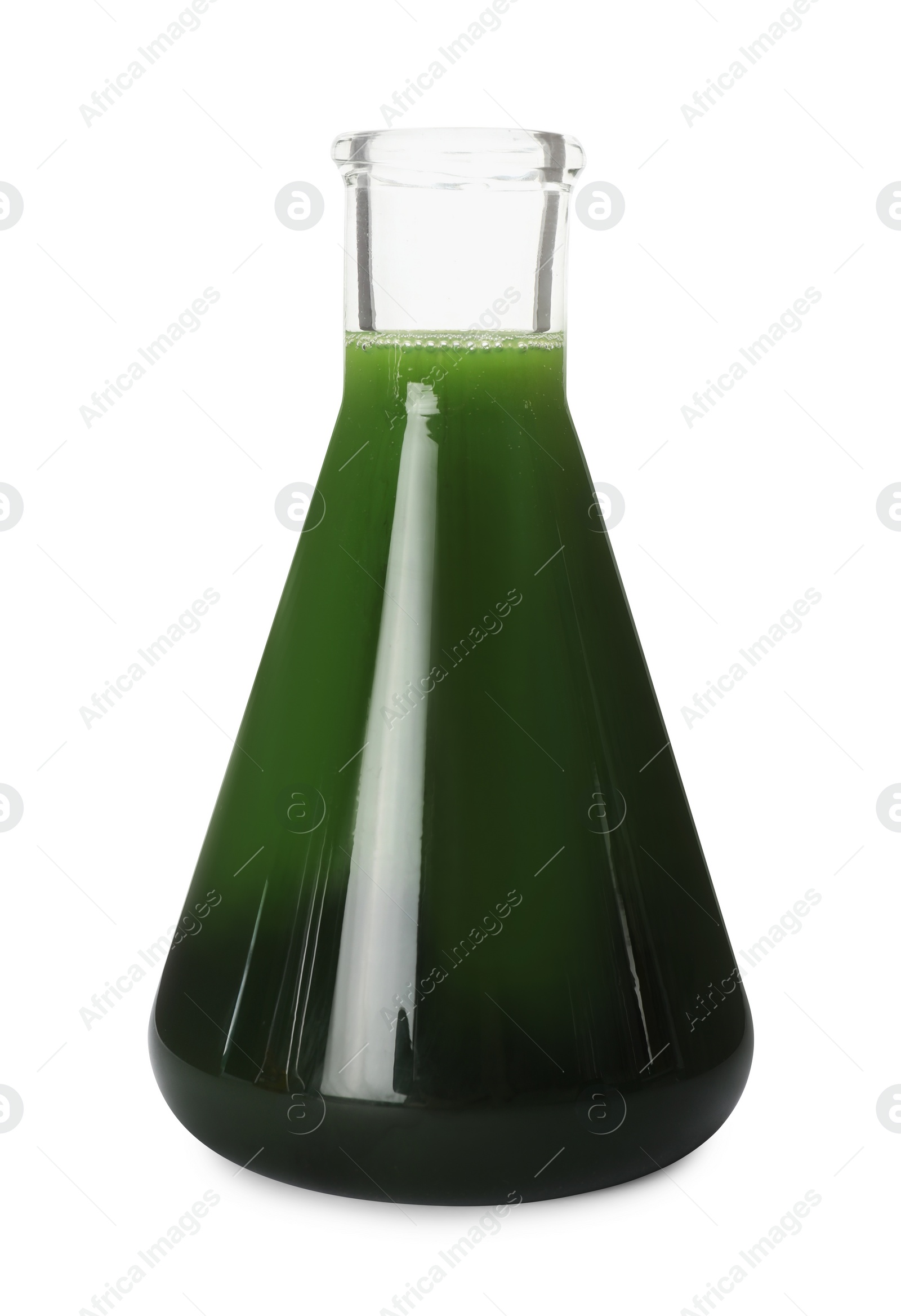 Photo of Flask with green crude oil isolated on white