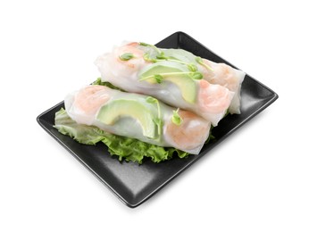 Delicious spring rolls wrapped in rice paper isolated on white