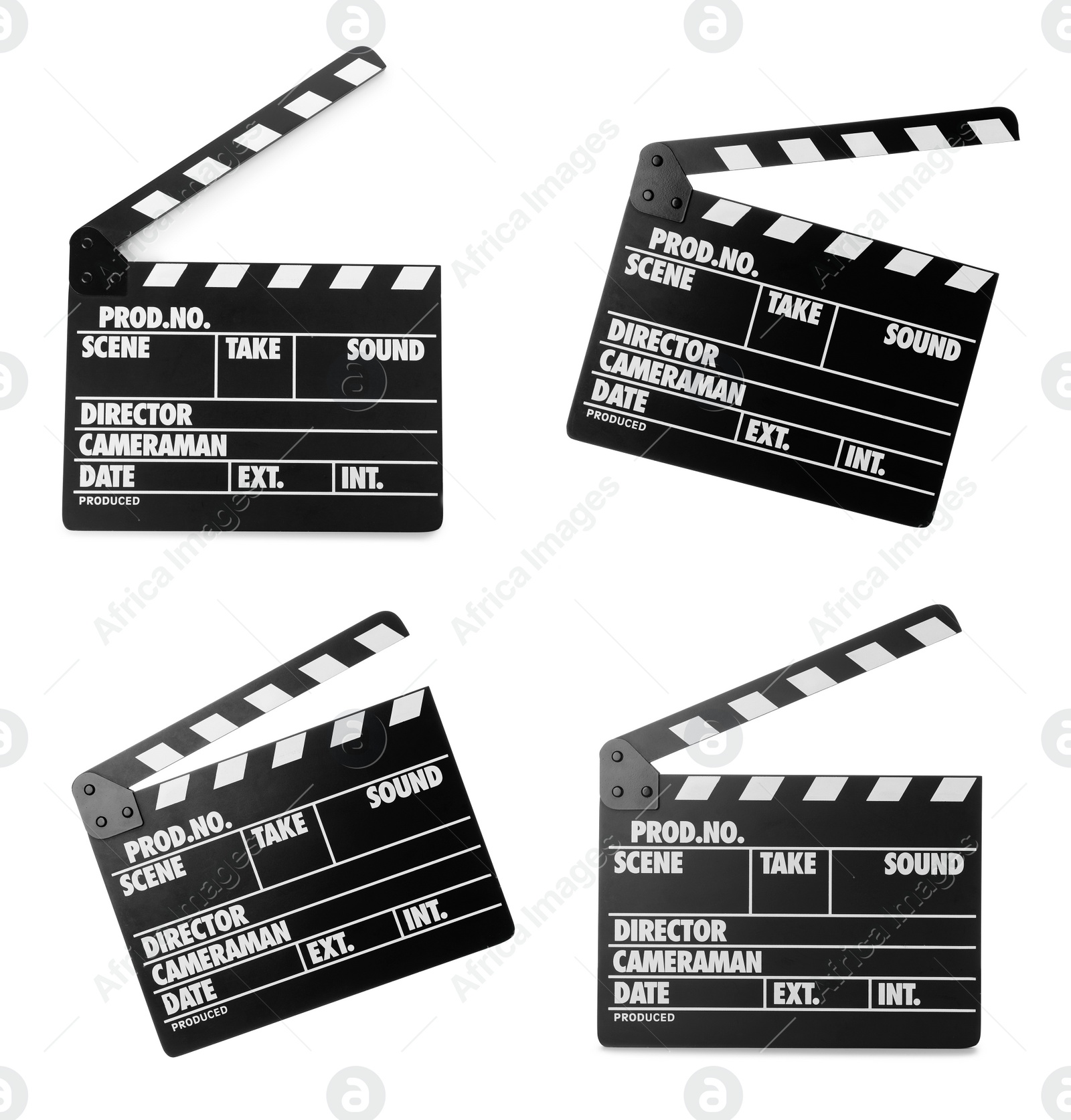 Image of Set with clapperboards on white background. Cinema production