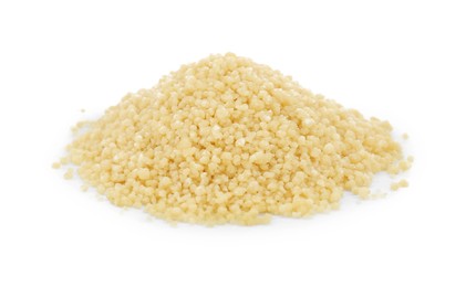 Photo of Pile of raw couscous on white background