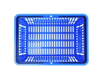 Photo of Plastic shopping basket on white background, top view