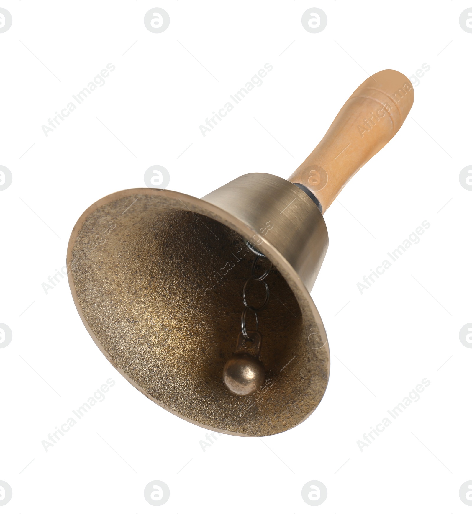 Photo of Golden school bell with wooden handle isolated on white