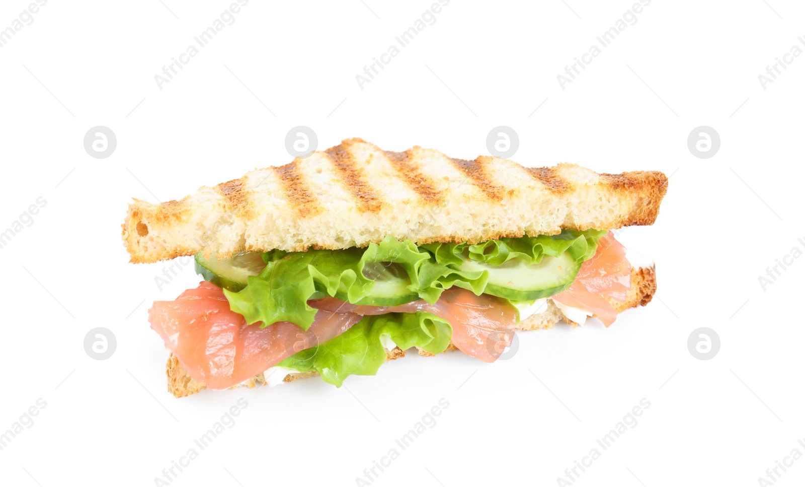 Photo of Tasty sandwich with salmon and cucumber isolated on white