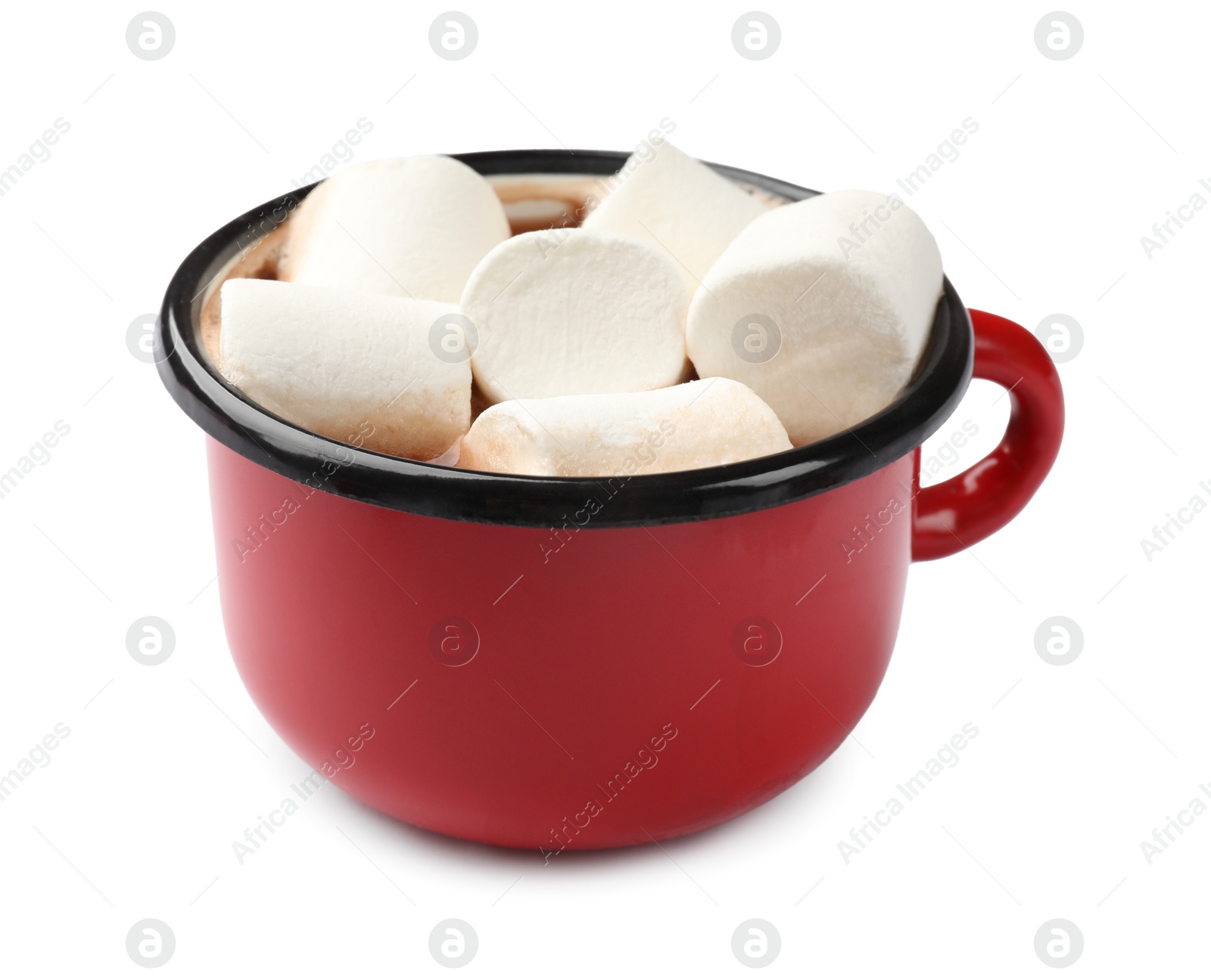 Photo of Tasty hot chocolate with marshmallows isolated on white