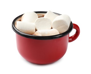 Photo of Tasty hot chocolate with marshmallows isolated on white