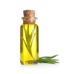 Photo of Bottle with rosemary oil and small twig on white background