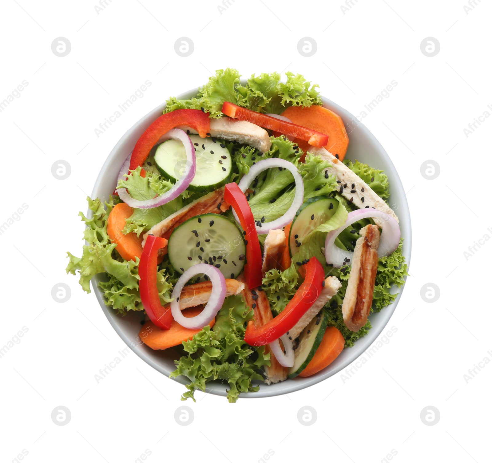 Photo of Delicious fresh chicken salad with vegetables isolated on white, top view