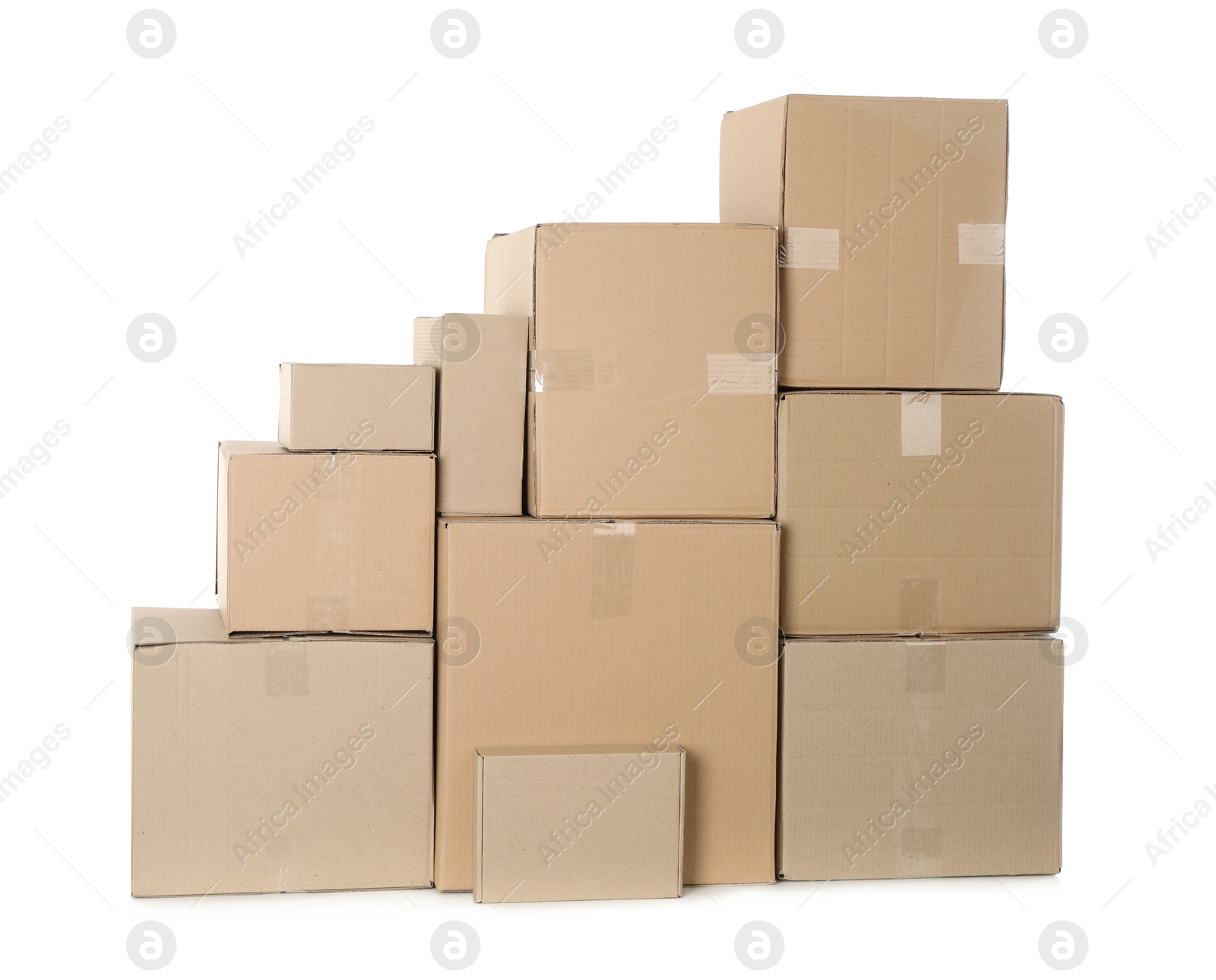 Photo of Pile of cardboard boxes on white background