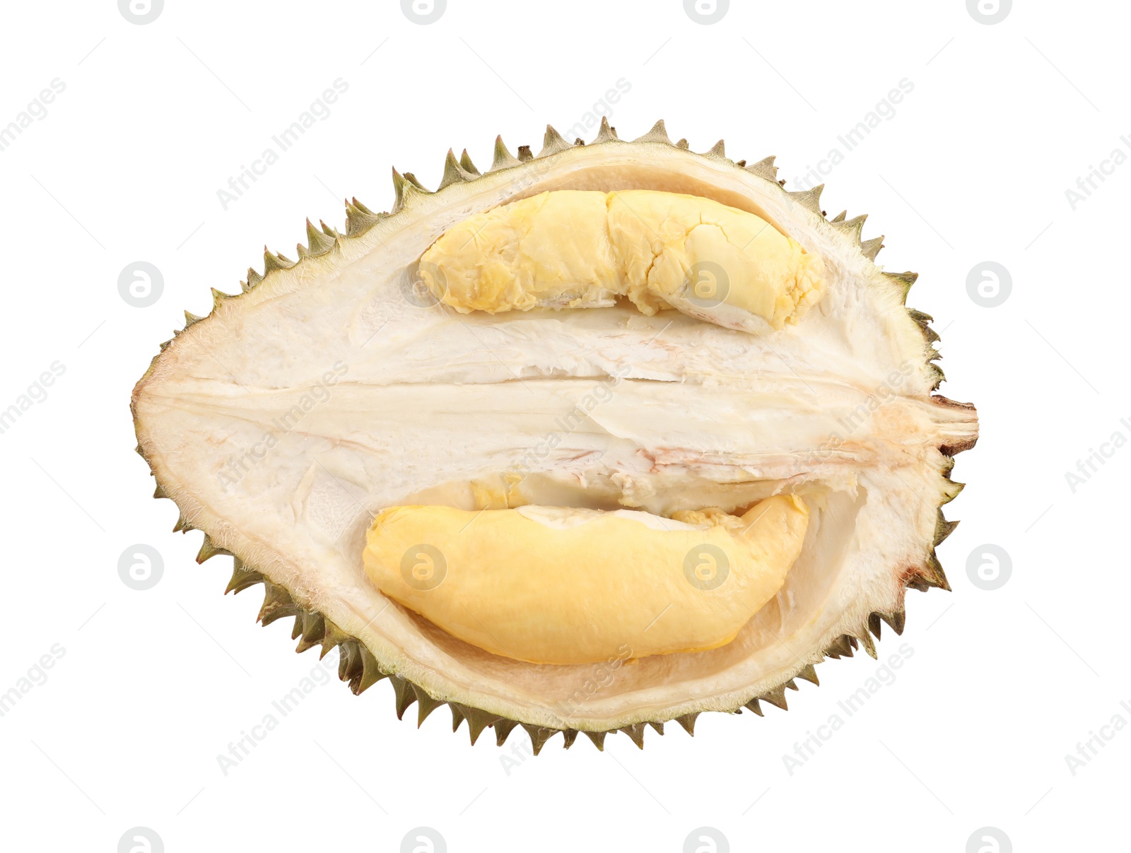 Photo of Half of fresh ripe durian isolated on white, top view