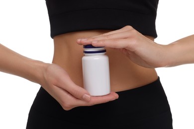Photo of Woman with bottle of pills on white background, closeup. Weight loss