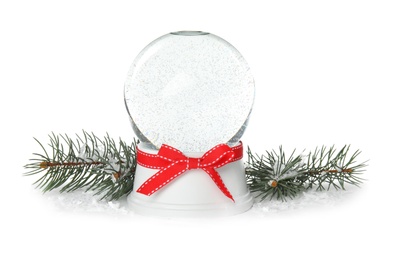Magical empty snow globe with Christmas branches on white background