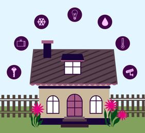 Image of Illustration of smart home technology with automatic systems and icons on color background