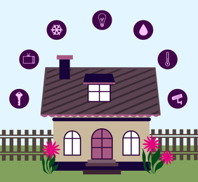 Illustration of smart home technology with automatic systems and icons on color background