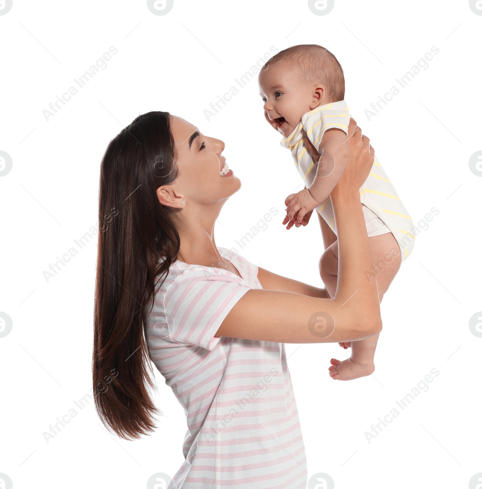 Photo of Portrait of happy mother with her baby isolated on white