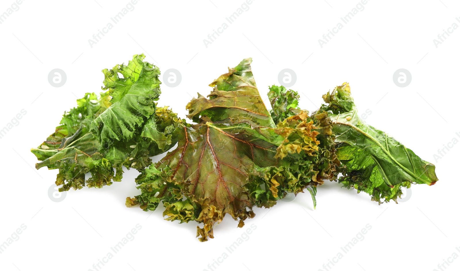 Photo of Tasty baked kale chips isolated on white