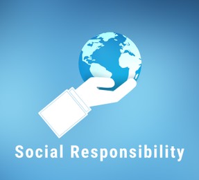 Image of Social responsibility concept. Illustration of hand holding Earth on blue background