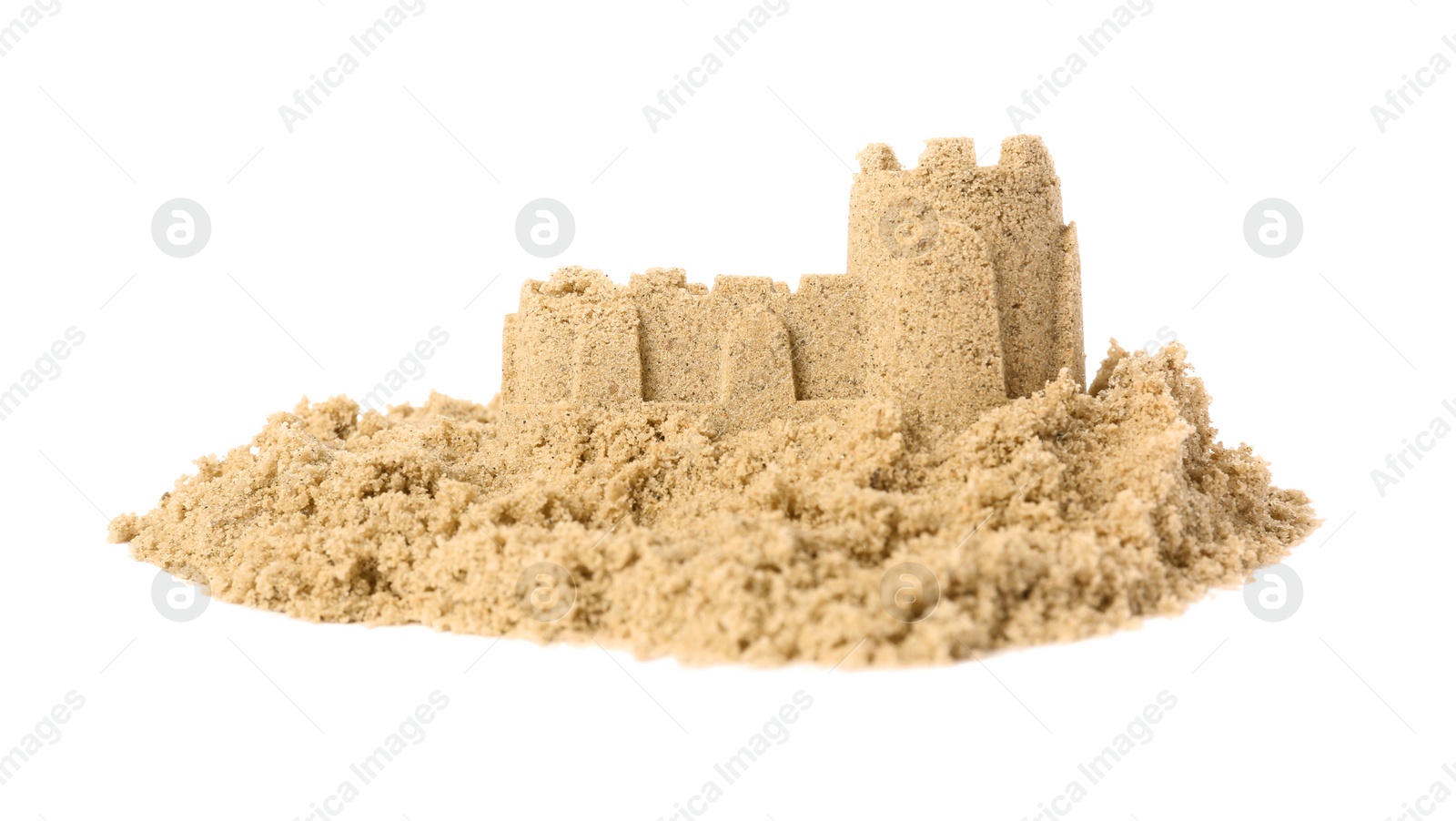 Photo of Pile of sand with beautiful castle isolated on white. Outdoor play