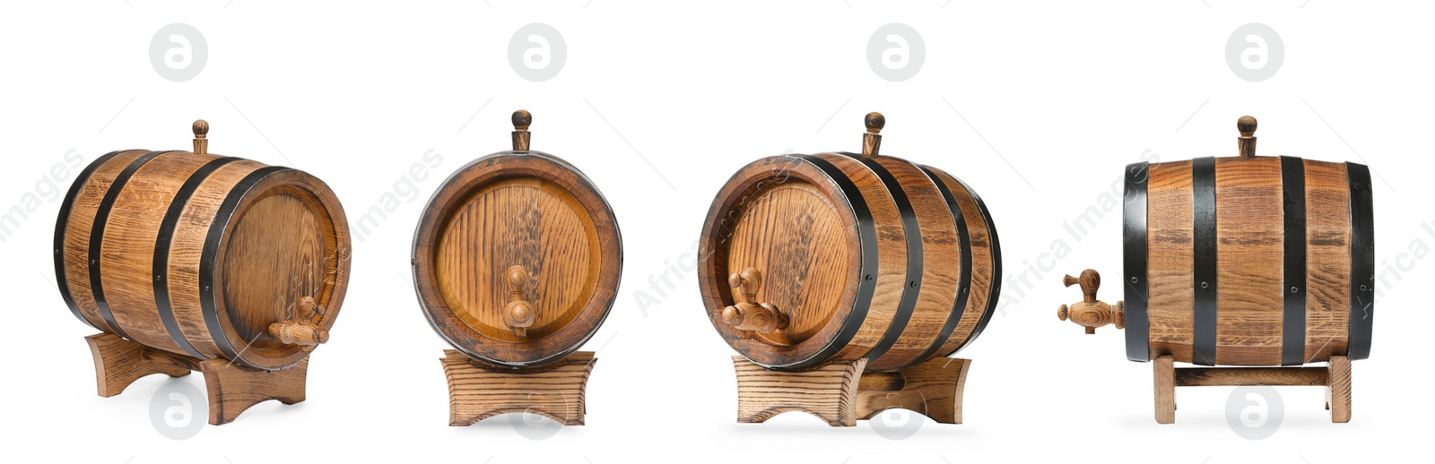 Image of Collage of wooden barrel with tap on white background, different sides