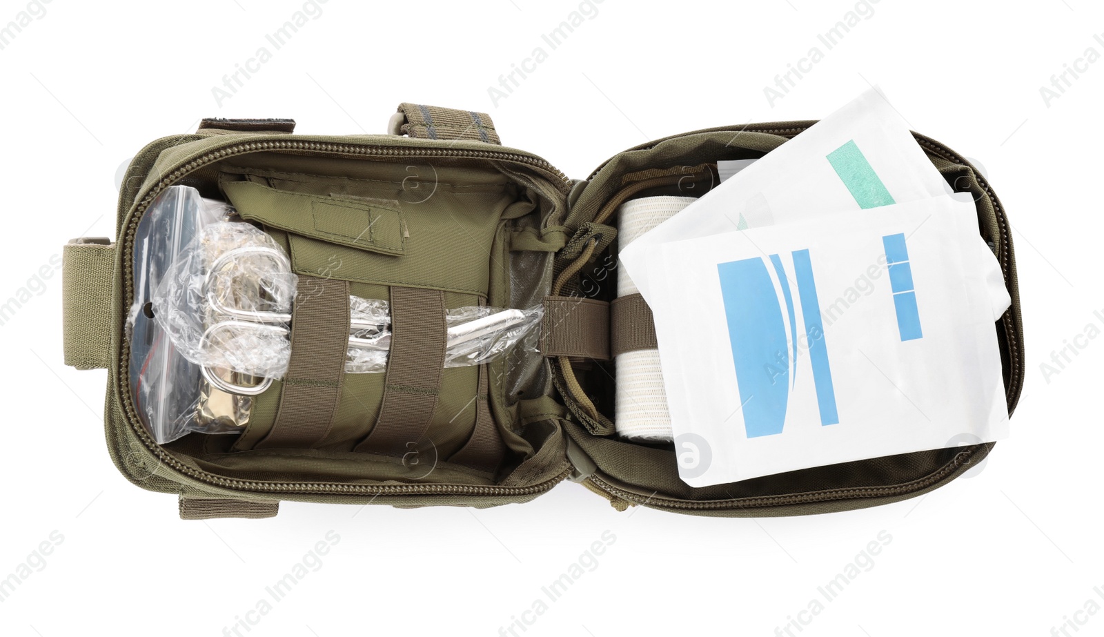 Photo of Open first aid kit isolated on white, top view
