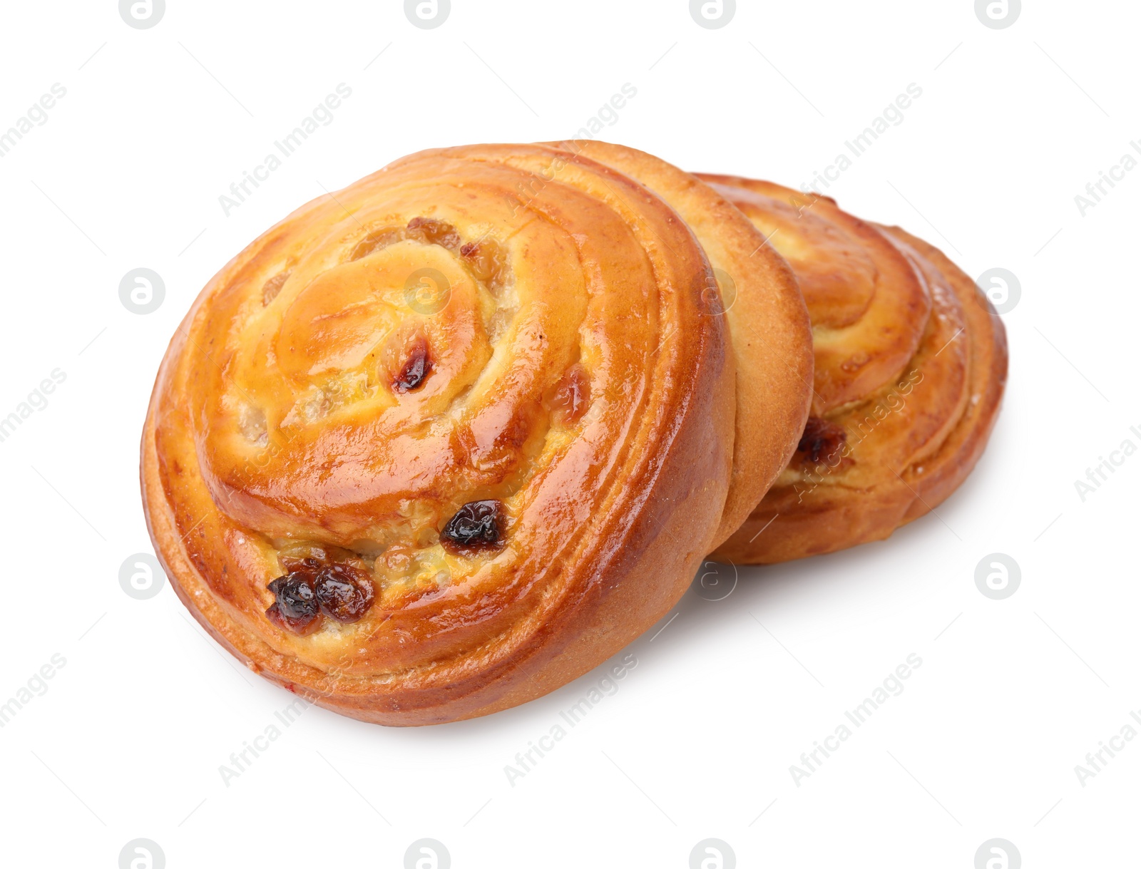 Photo of Delicious rolls with raisins isolated on white. Sweet buns