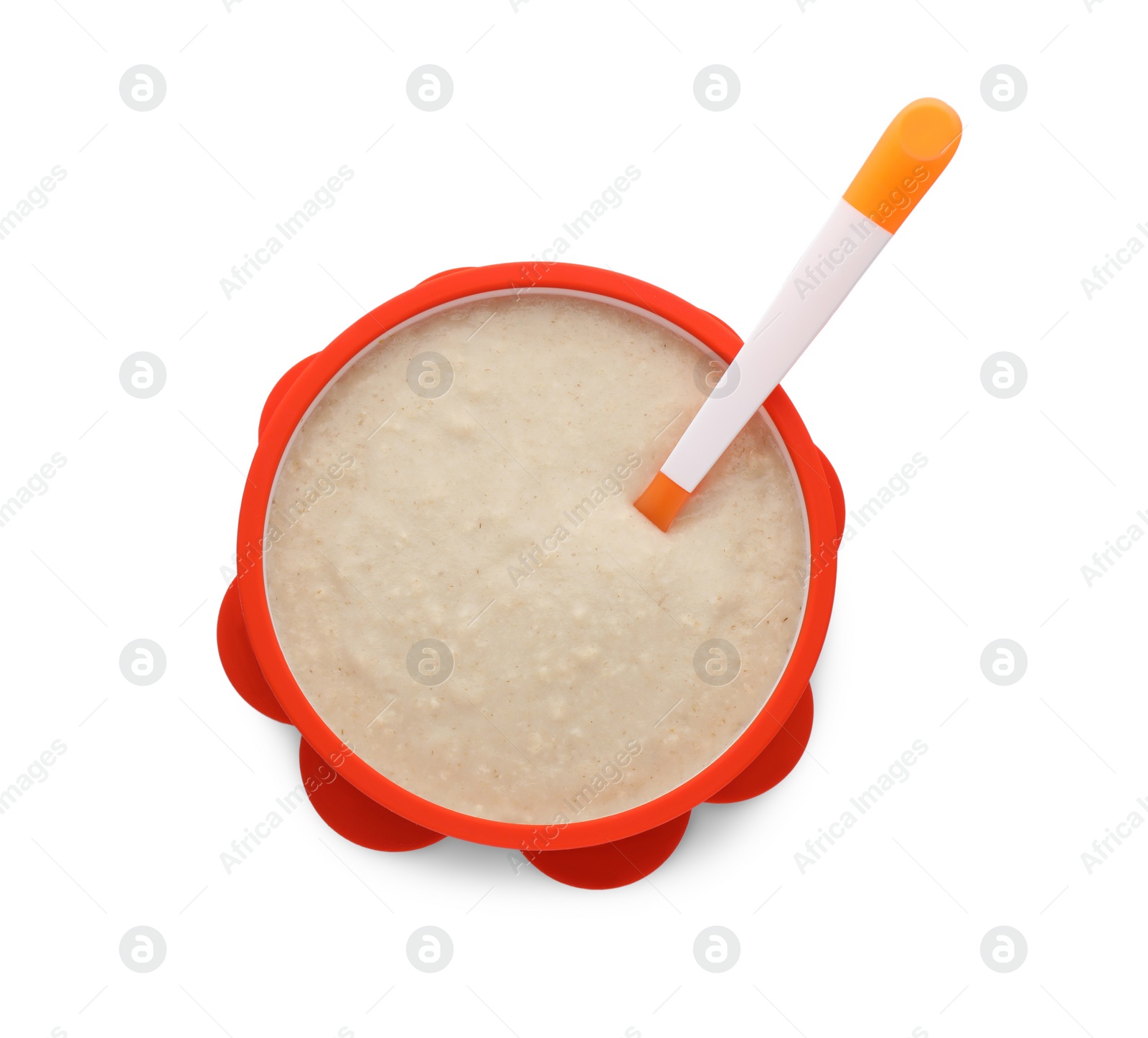 Photo of Healthy baby food in bowl on white background, top view