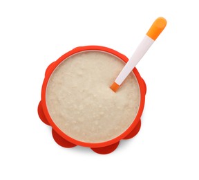 Photo of Healthy baby food in bowl on white background, top view