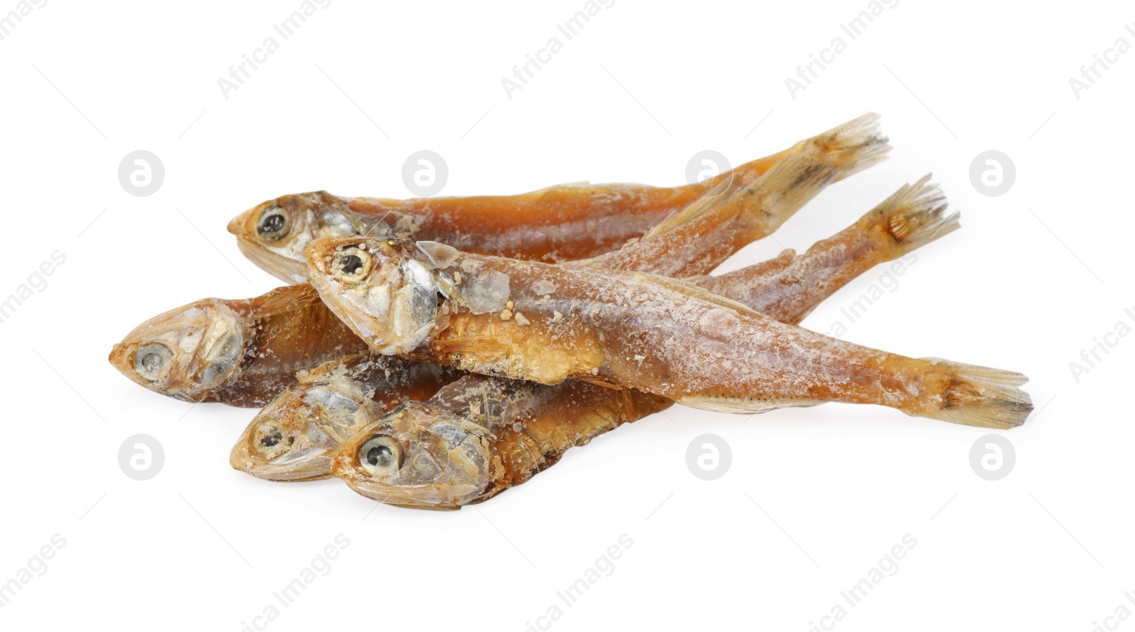 Photo of Delicious dried salted anchovies on white background