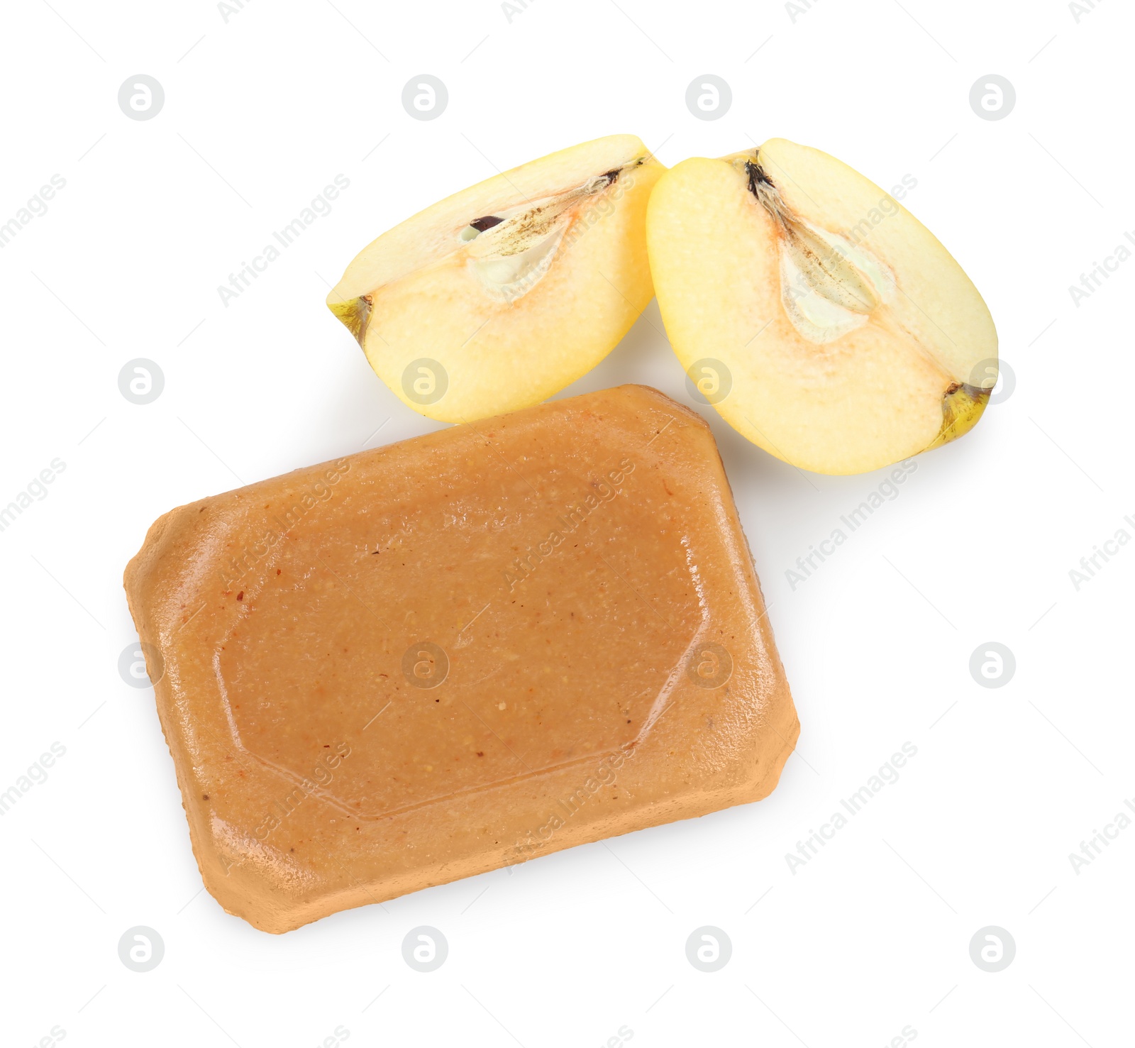 Photo of Delicious sweet quince paste and fresh cut fruit isolated on white, top view