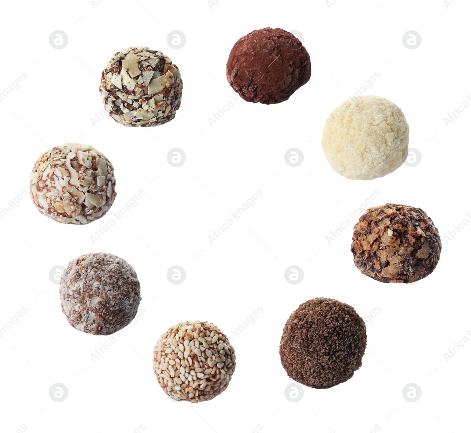 Image of Set with different chocolate candies on white background