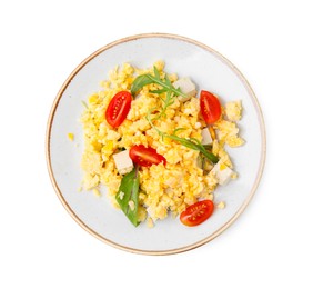 Plate of delicious scrambled eggs with tofu and tomatoes isolated on white, top view