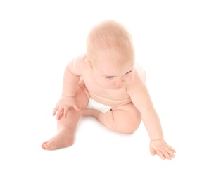 Cute little baby on white background. Crawling time