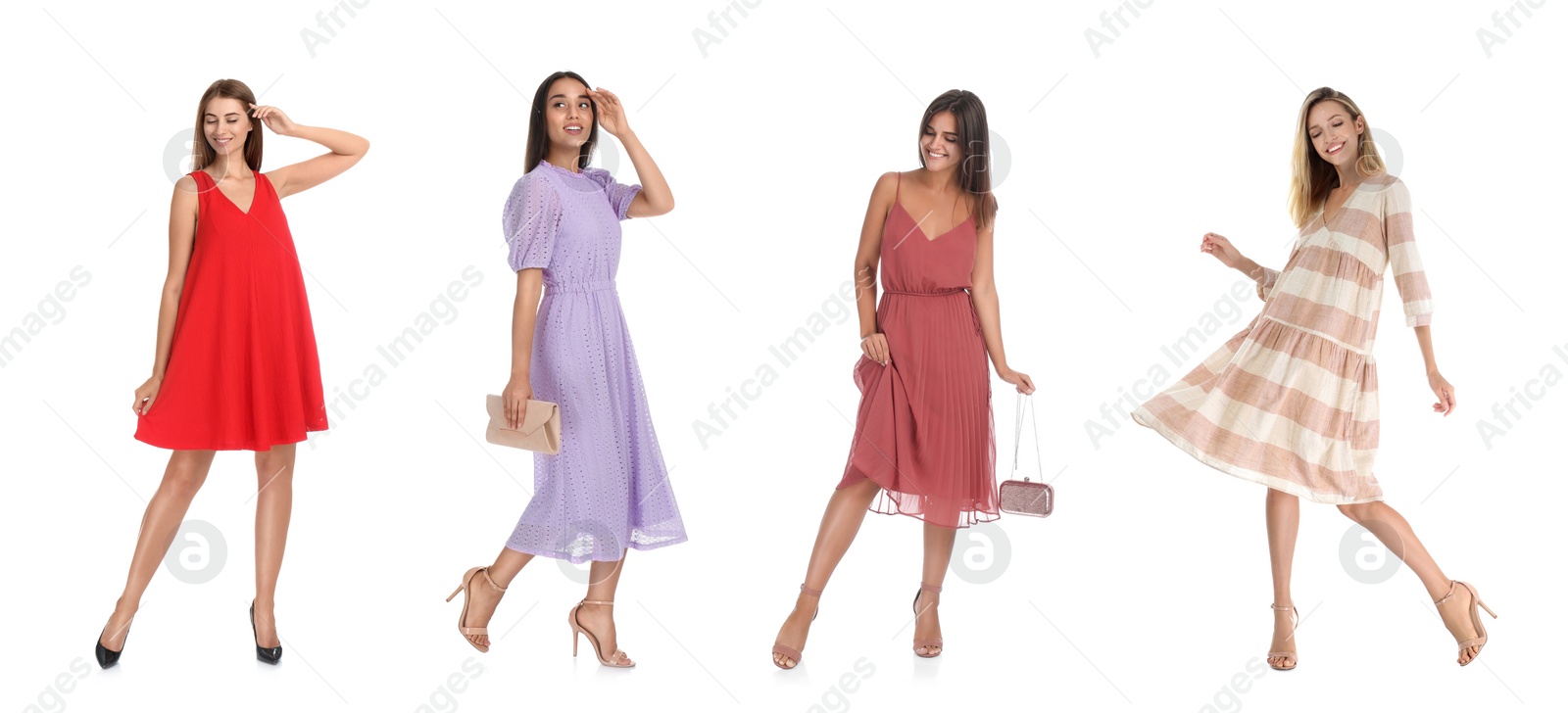 Image of Collage with photos of women wearing different dresses on white background. Banner design 